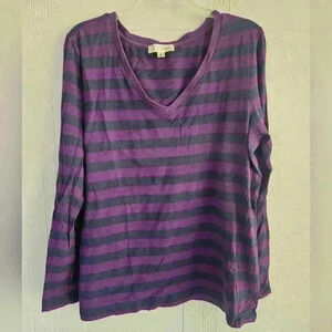 Faith 21 Purple Navy Striped Cotton Long Sleeve V-neck T-shirt Size XL
